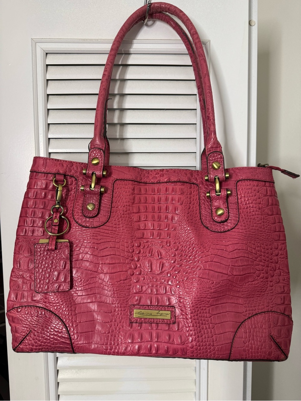 Etienne Aigner Hot Pink Croc-Embossed Tote with Gold Hardware